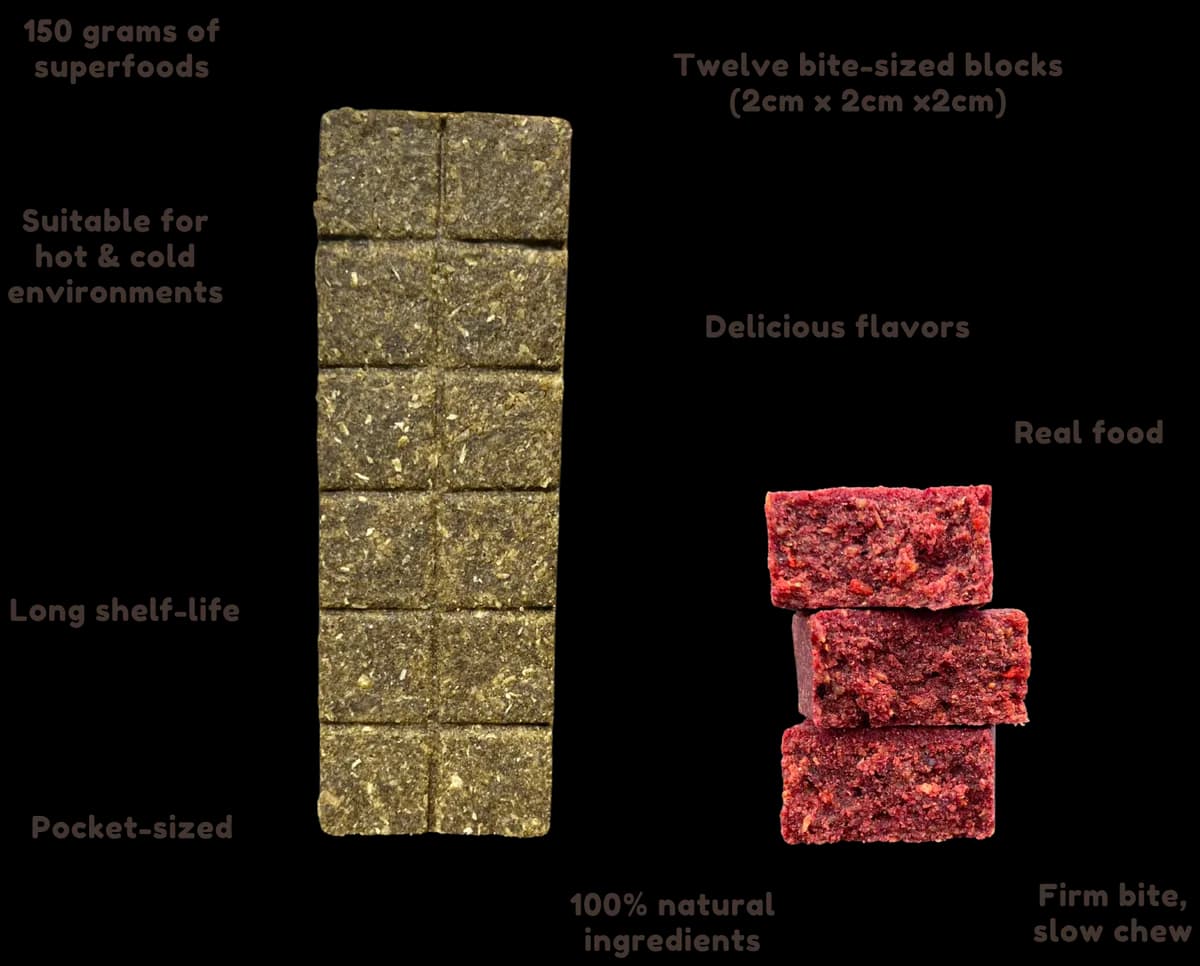 A bar scored into twelve bite-sized blocks of 2 by 2 by 2 centimetres, next to three blocks stacked to show the texture inside. Labelled: 150 grams of superfoods, suitable for hot and cold environments, long shelf-life, pocket-sized, delicious flavours, real food, firm bite and slow chew, 100% natural ingredients.